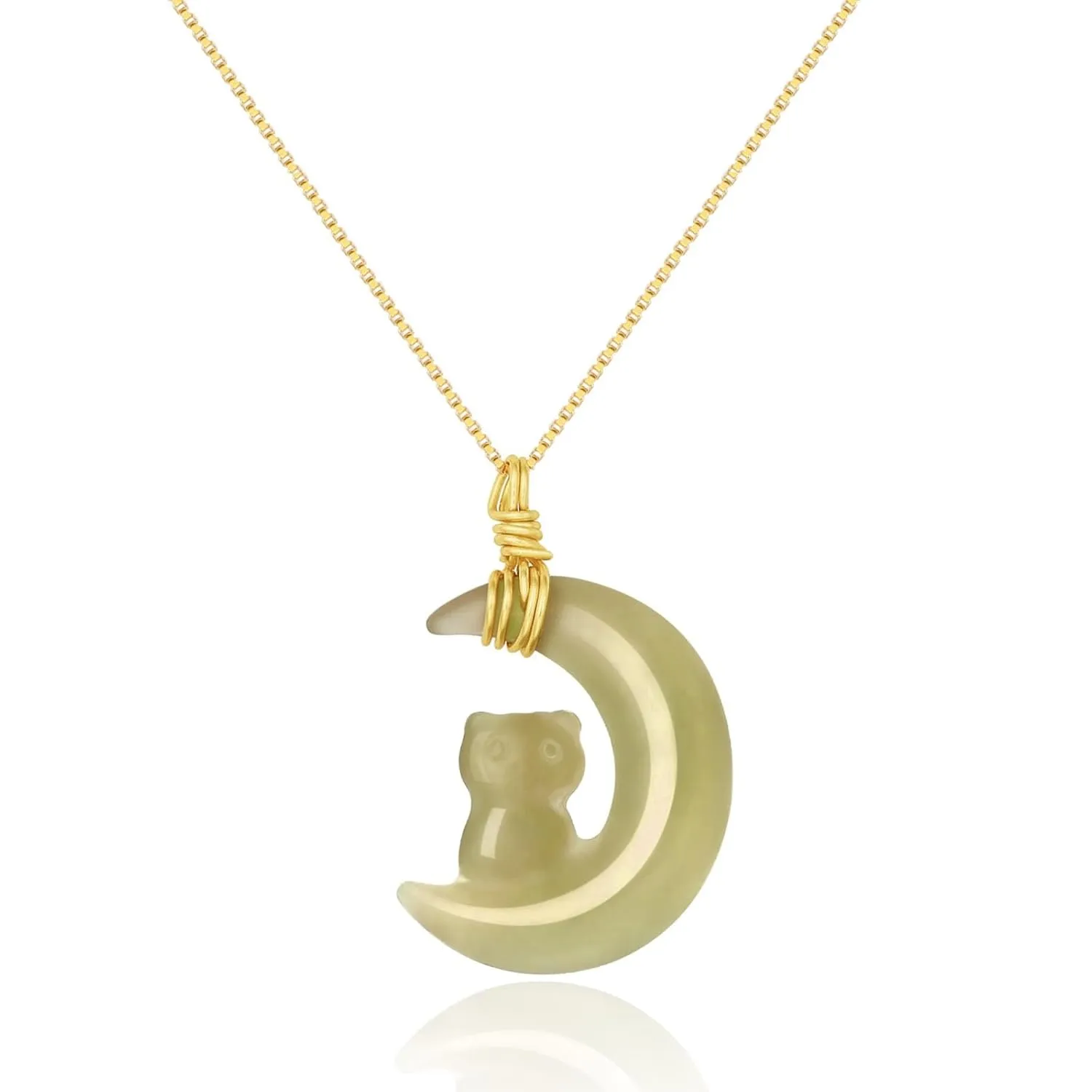 Real Natural Hetian Jade Necklace for Women Girl, Handmade Jade Moon Cat Shape Green Jade Necklace Choker Pendant for Friends Lover (925 Sterling Silver with Real Gold Plated)