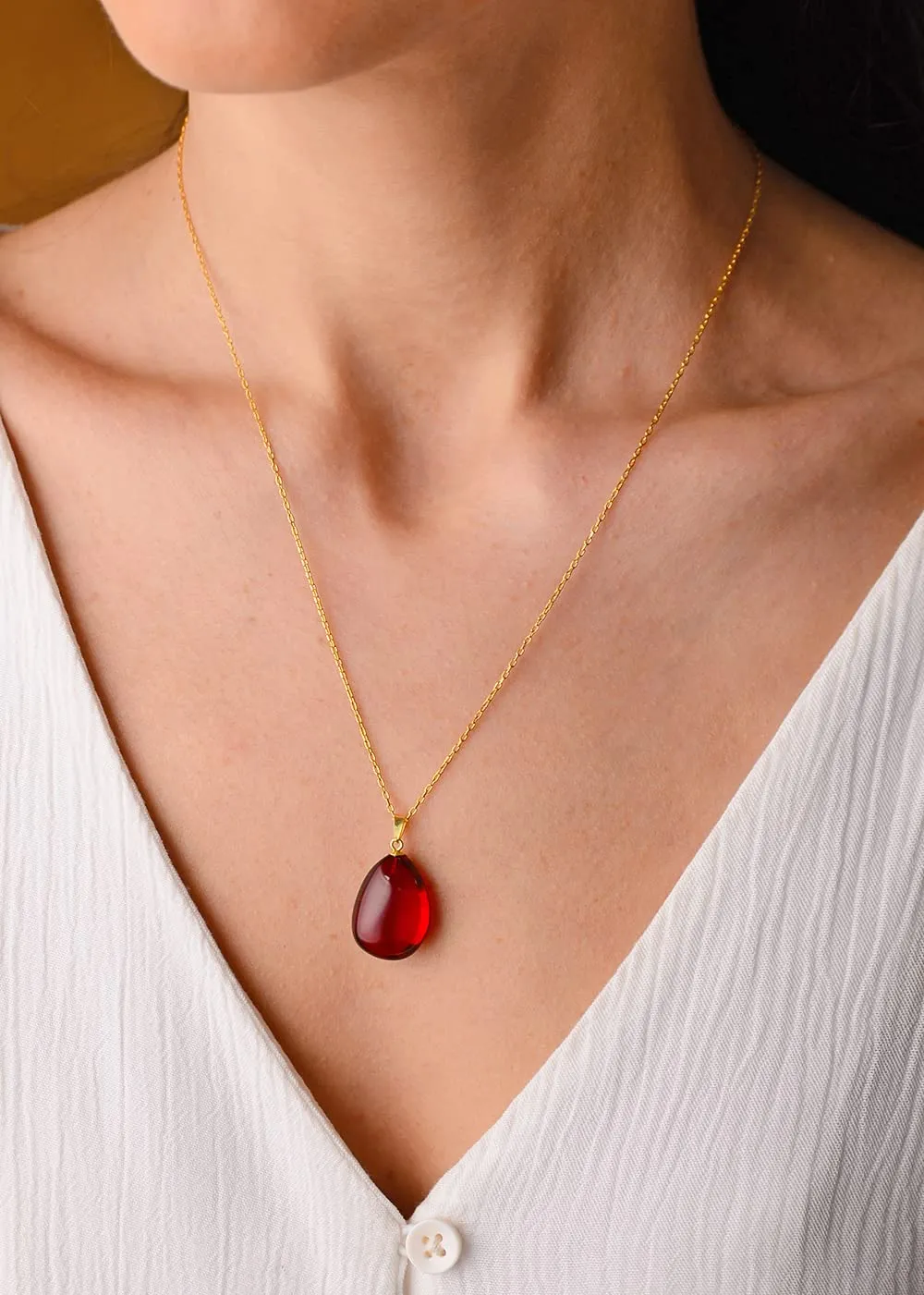 Red Amber Pendant Necklace with 18 inch Gold Plated 925 Sterling Silver Chain, 0.8x0.6 inch Red Puff Drop Amber Necklace for Women, Amber Stone Jewelry, HandMade (Red Puff Gold)