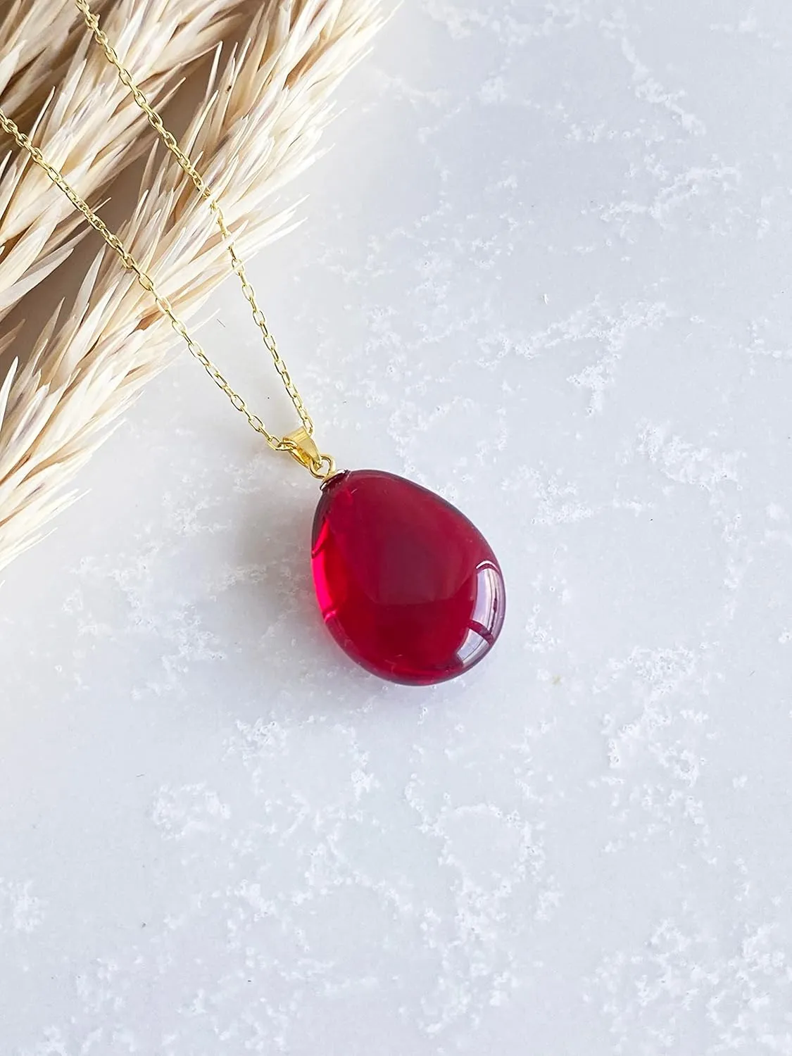 Red Amber Pendant Necklace with 18 inch Gold Plated 925 Sterling Silver Chain, 0.8x0.6 inch Red Puff Drop Amber Necklace for Women, Amber Stone Jewelry, HandMade (Red Puff Gold)