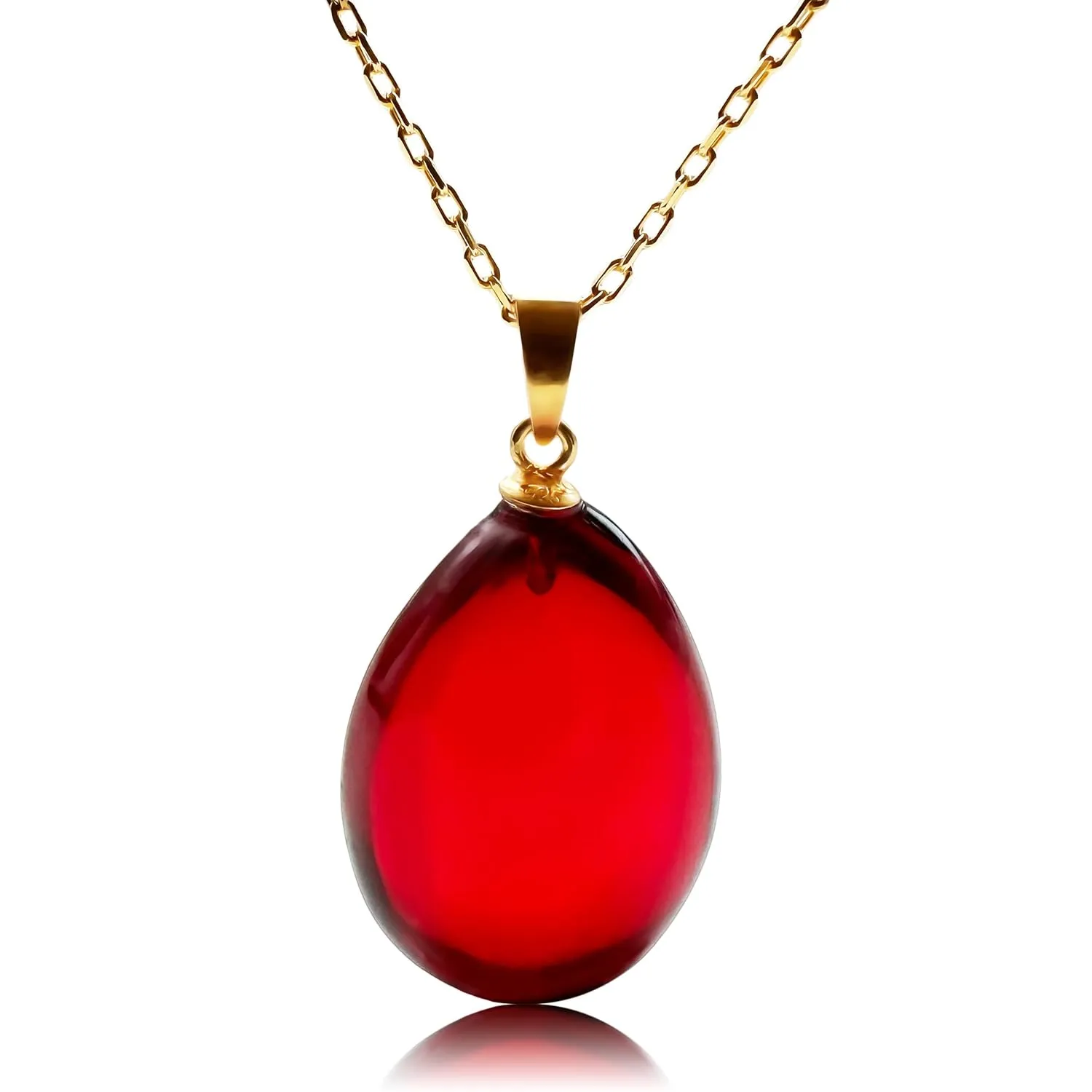 Red Amber Pendant Necklace with 18 inch Gold Plated 925 Sterling Silver Chain, 0.8x0.6 inch Red Puff Drop Amber Necklace for Women, Amber Stone Jewelry, HandMade (Red Puff Gold)