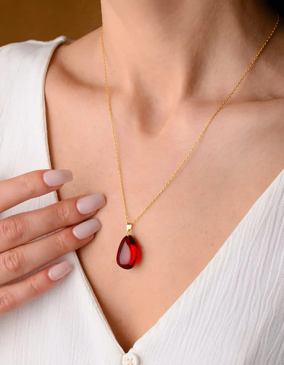 Red Amber Pendant Necklace with 18 inch Gold Plated 925 Sterling Silver Chain, 0.8x0.6 inch Red Puff Drop Amber Necklace for Women, Amber Stone Jewelry, HandMade (Red Puff Gold)