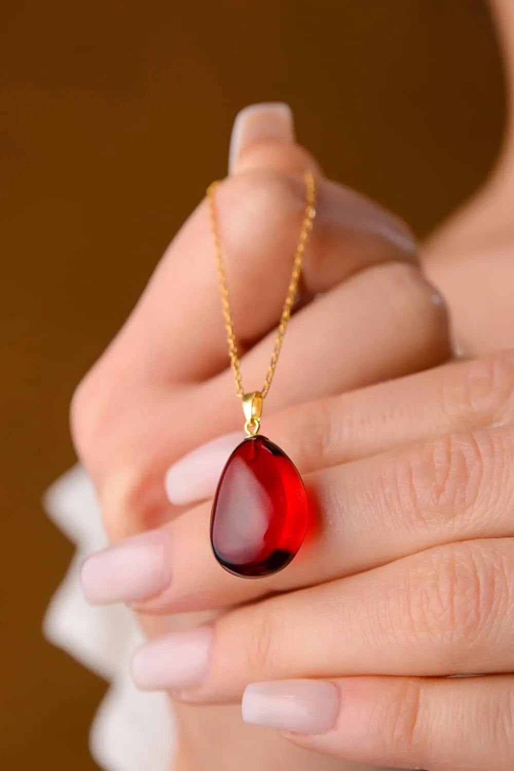 Red Amber Pendant Necklace with 18 inch Gold Plated 925 Sterling Silver Chain, 0.8x0.6 inch Red Puff Drop Amber Necklace for Women, Amber Stone Jewelry, HandMade (Red Puff Gold)