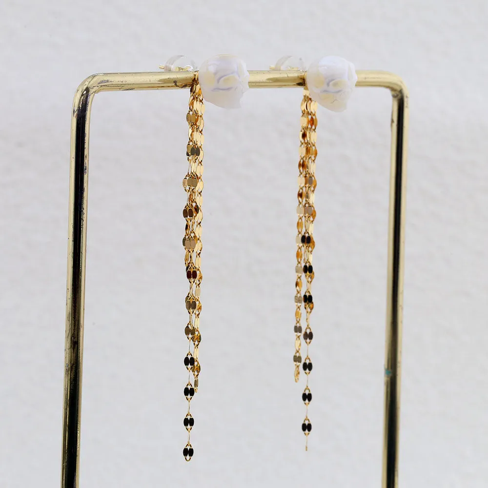 Refined Long Tassel Pearl Skull Earrings