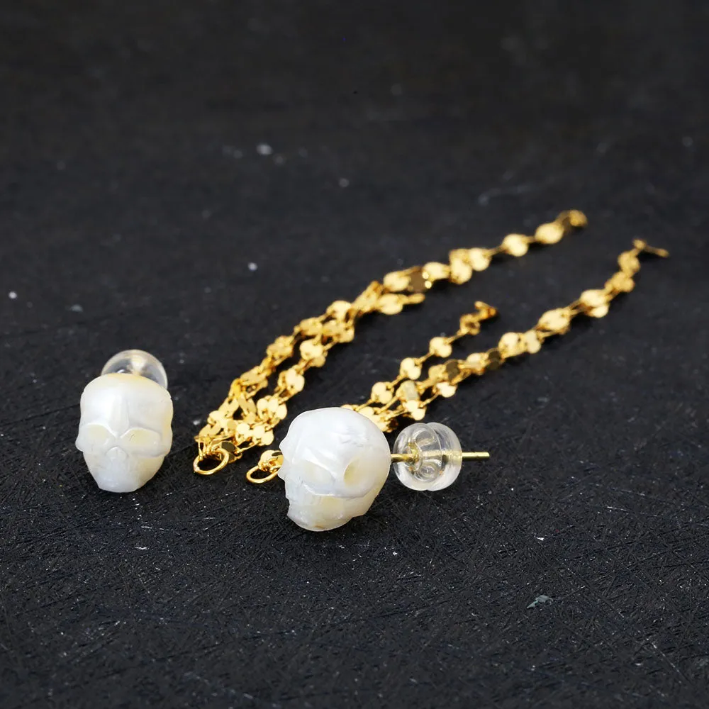 Refined Long Tassel Pearl Skull Earrings