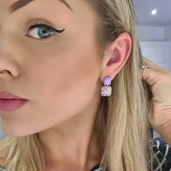 Refined Square Crystal Purple Dangle Earrings