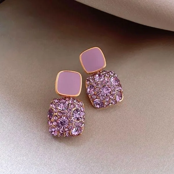 Refined Square Crystal Purple Dangle Earrings
