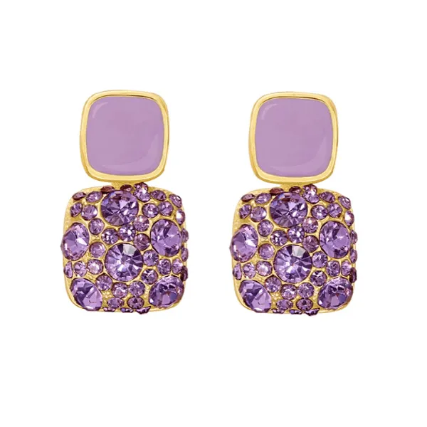 Refined Square Crystal Purple Dangle Earrings