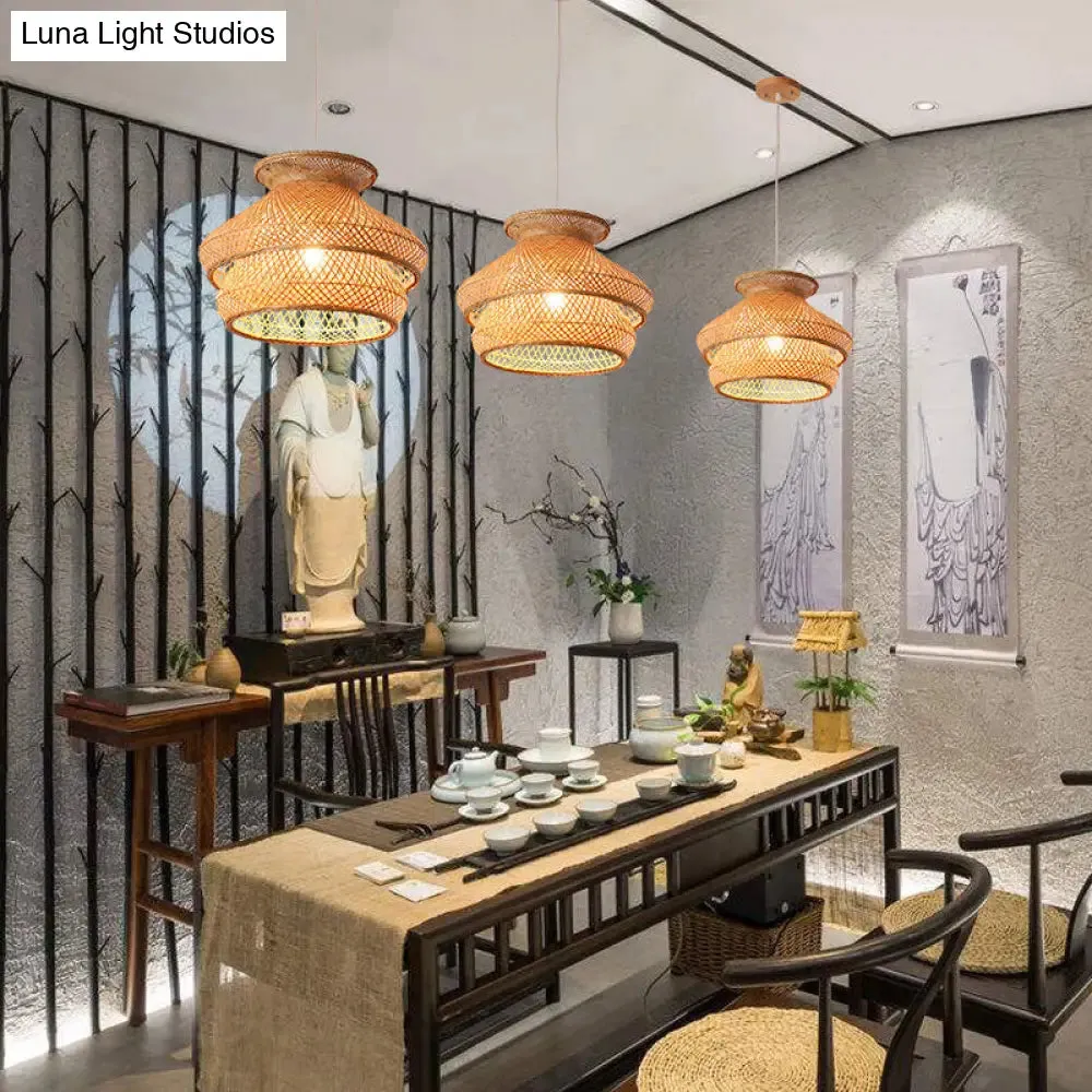 Retro 2-Tier Wood Hanging Ceiling Light with Bamboo Shade - 1 Bulb Suspension Lighting