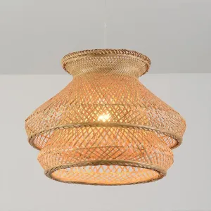 Retro 2-Tier Wood Hanging Ceiling Light with Bamboo Shade - 1 Bulb Suspension Lighting