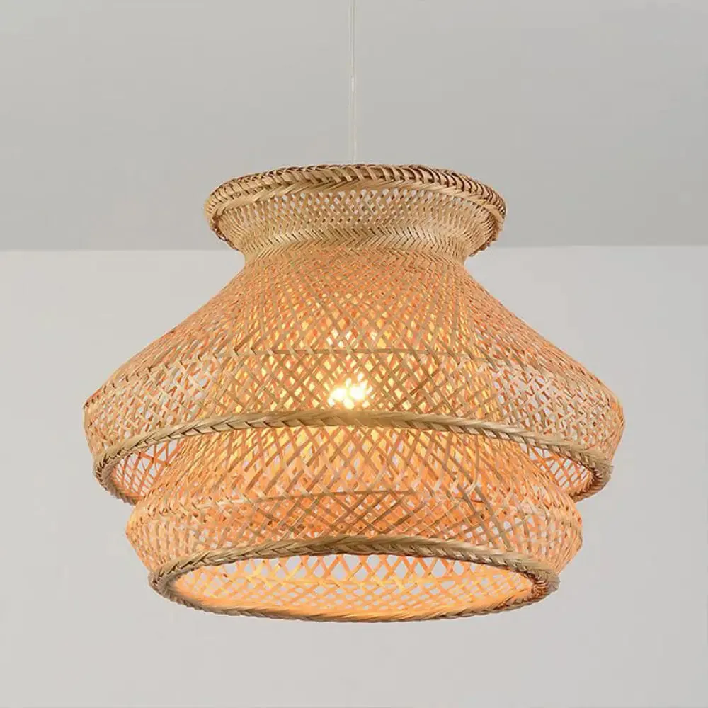 Retro 2-Tier Wood Hanging Ceiling Light with Bamboo Shade - 1 Bulb Suspension Lighting