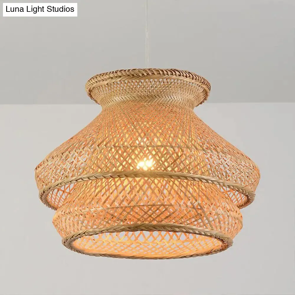 Retro 2-Tier Wood Hanging Ceiling Light with Bamboo Shade - 1 Bulb Suspension Lighting