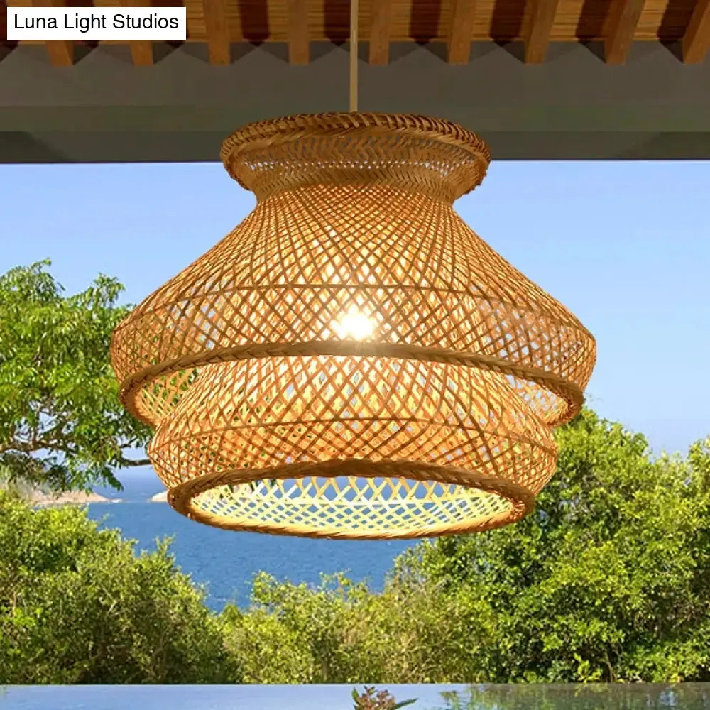 Retro 2-Tier Wood Hanging Ceiling Light with Bamboo Shade - 1 Bulb Suspension Lighting