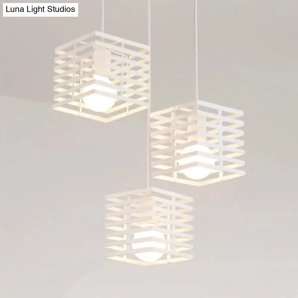 Retro Industrial Metal Pendant Lighting - 3-Light Cubic Hanging Lamp with Cage Shade, Black/White