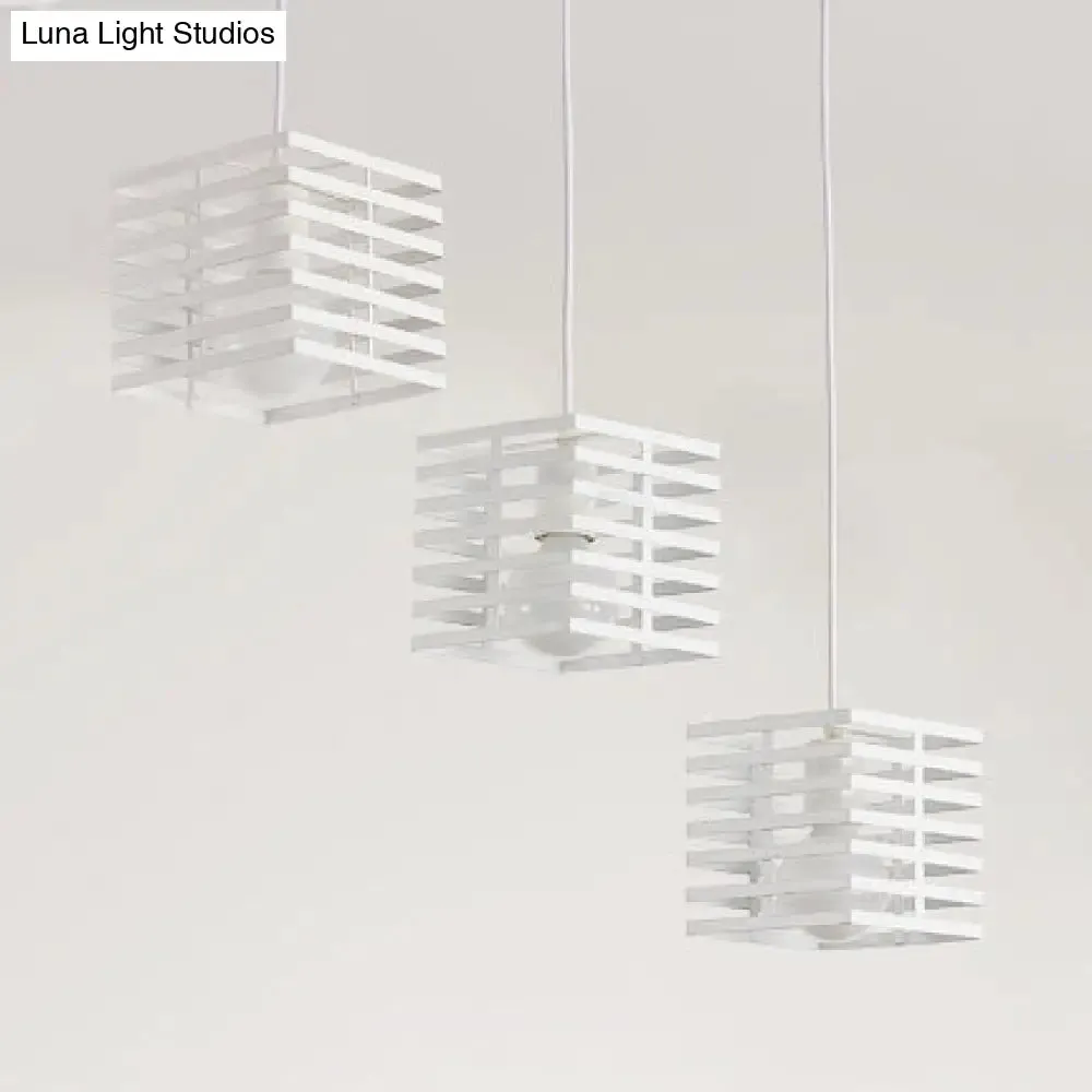 Retro Industrial Metal Pendant Lighting - 3-Light Cubic Hanging Lamp with Cage Shade, Black/White