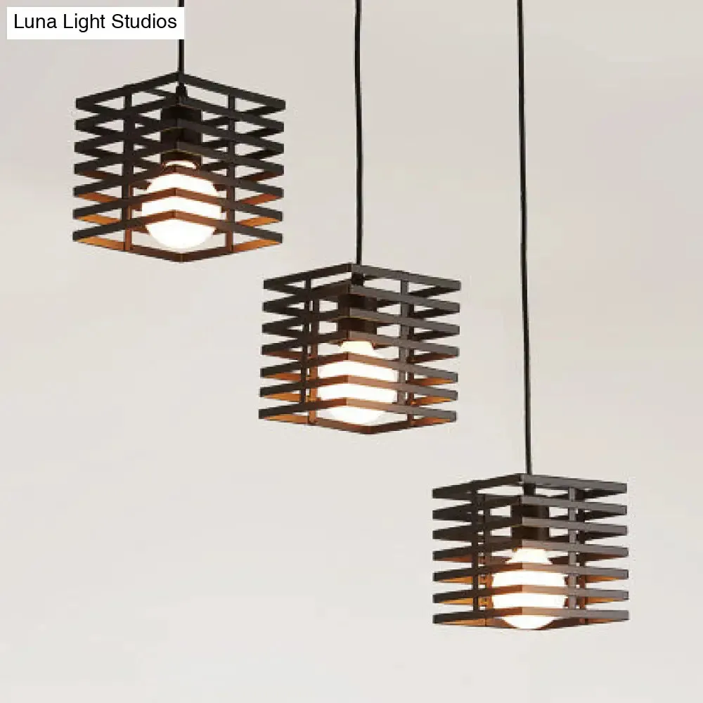 Retro Industrial Metal Pendant Lighting - 3-Light Cubic Hanging Lamp with Cage Shade, Black/White