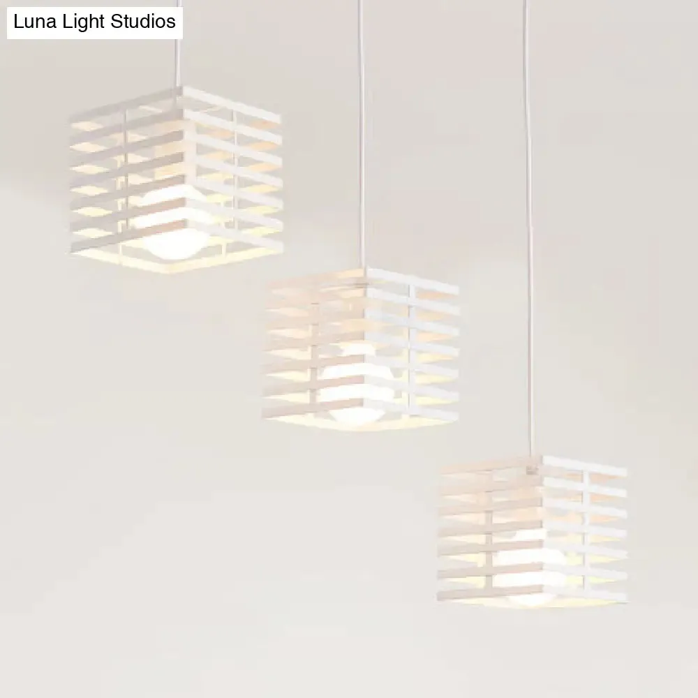 Retro Industrial Metal Pendant Lighting - 3-Light Cubic Hanging Lamp with Cage Shade, Black/White