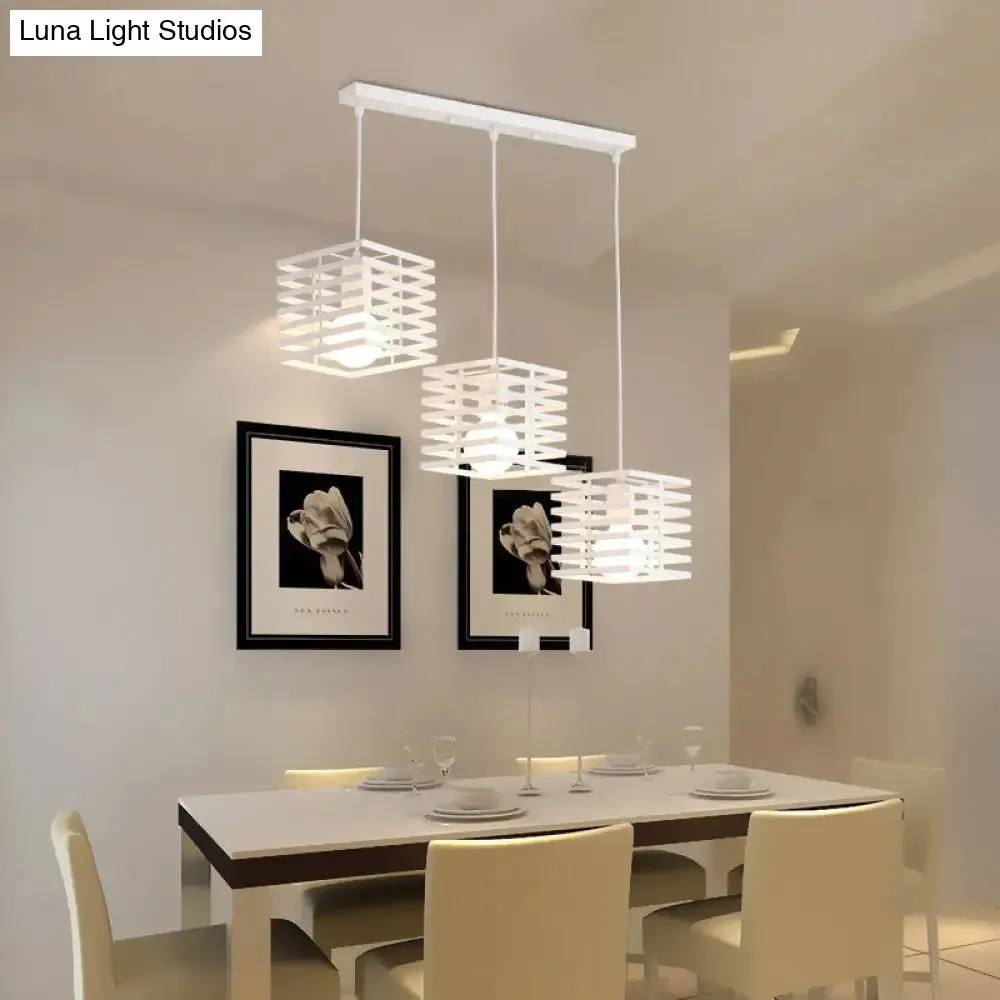 Retro Industrial Metal Pendant Lighting - 3-Light Cubic Hanging Lamp with Cage Shade, Black/White