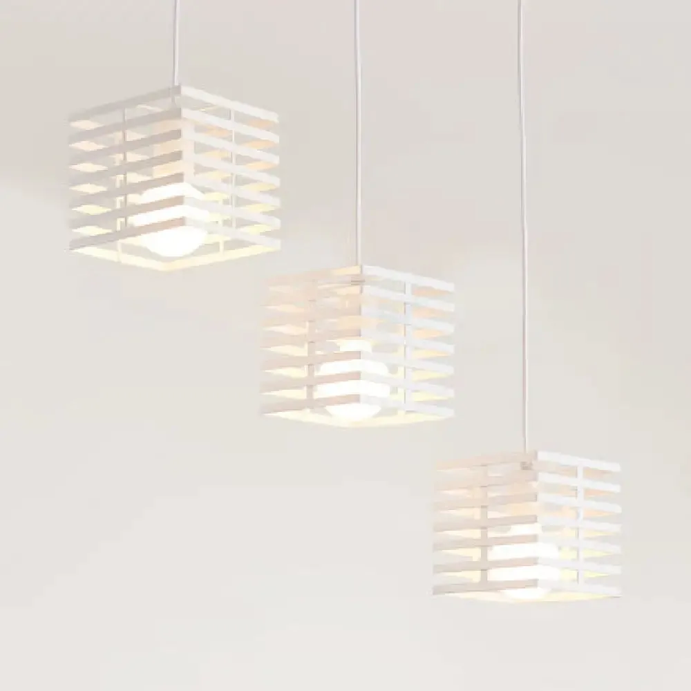 Retro Industrial Metal Pendant Lighting - 3-Light Cubic Hanging Lamp with Cage Shade, Black/White