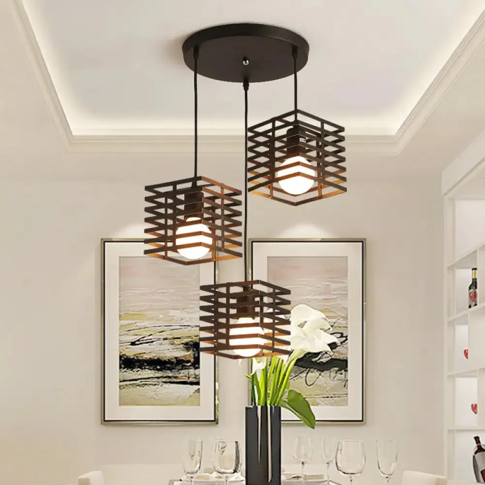 Retro Industrial Metal Pendant Lighting - 3-Light Cubic Hanging Lamp with Cage Shade, Black/White