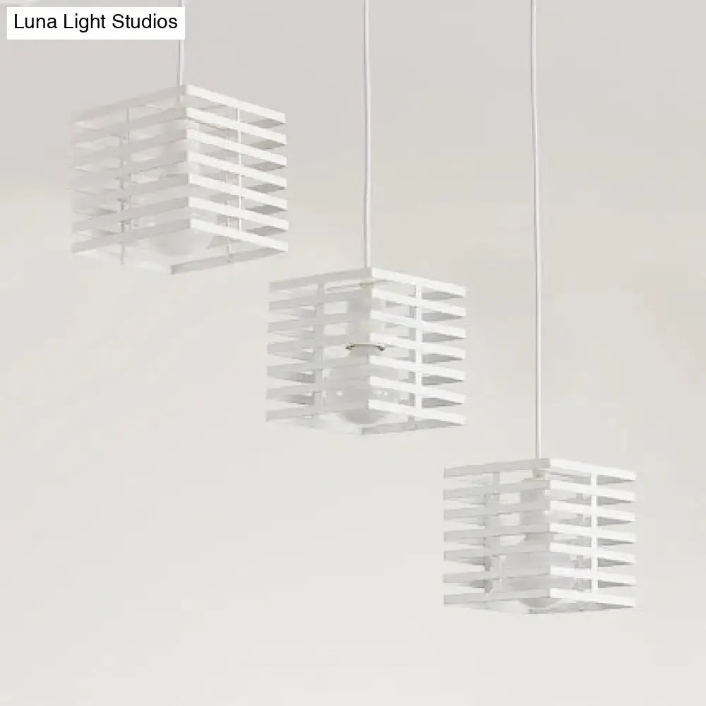 Retro Industrial Metal Pendant Lighting - 3-Light Cubic Hanging Lamp with Cage Shade, Black/White