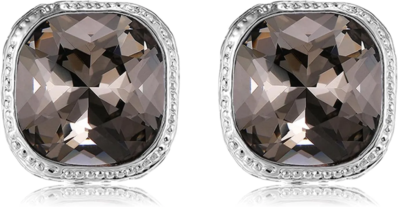 Rhinestone Clip on Earrings, Square Mocha Crystal Silver Clip on Earrings, Hypoallergenic Non Pierced Earrings for Women