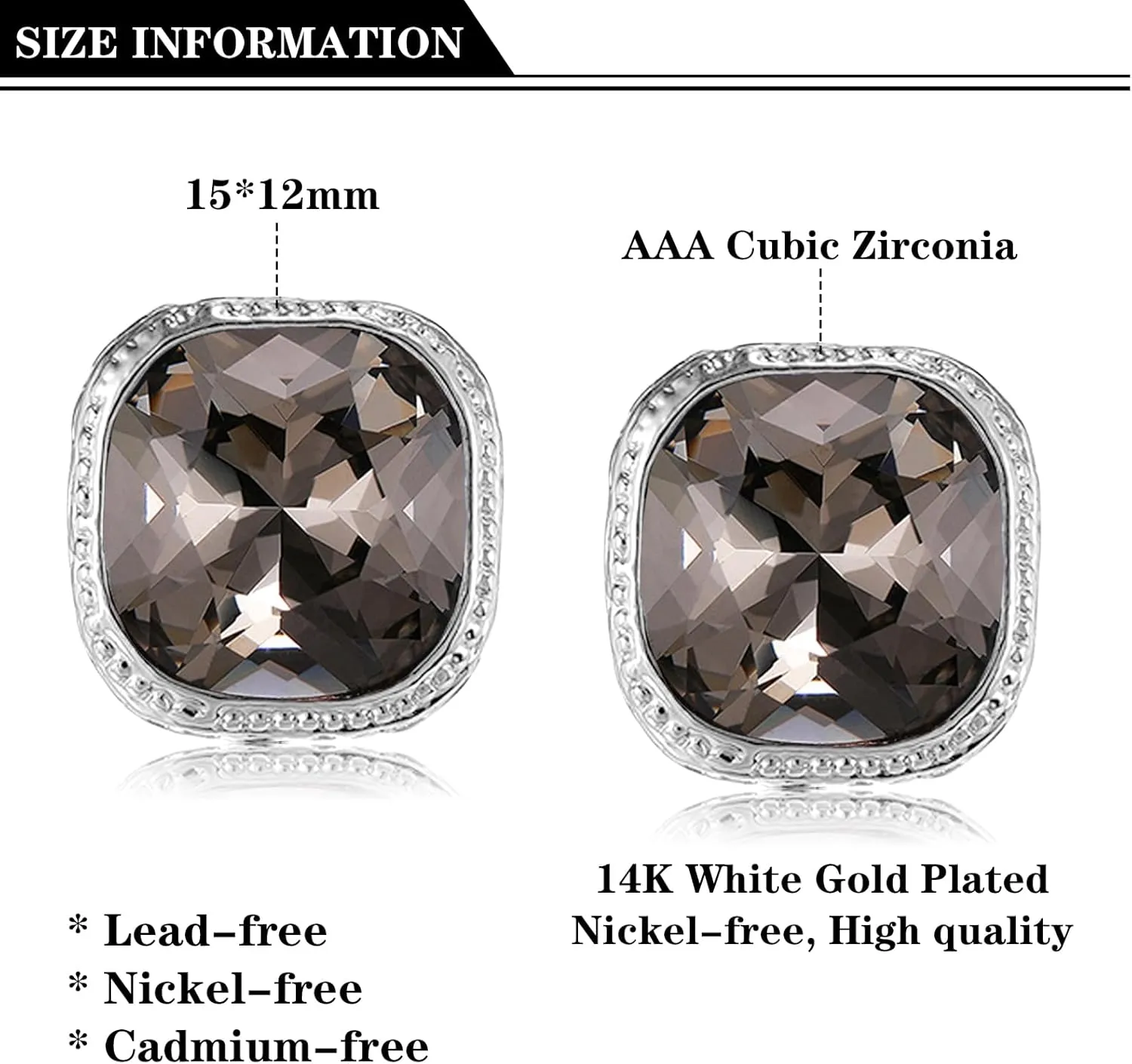 Rhinestone Clip on Earrings, Square Mocha Crystal Silver Clip on Earrings, Hypoallergenic Non Pierced Earrings for Women