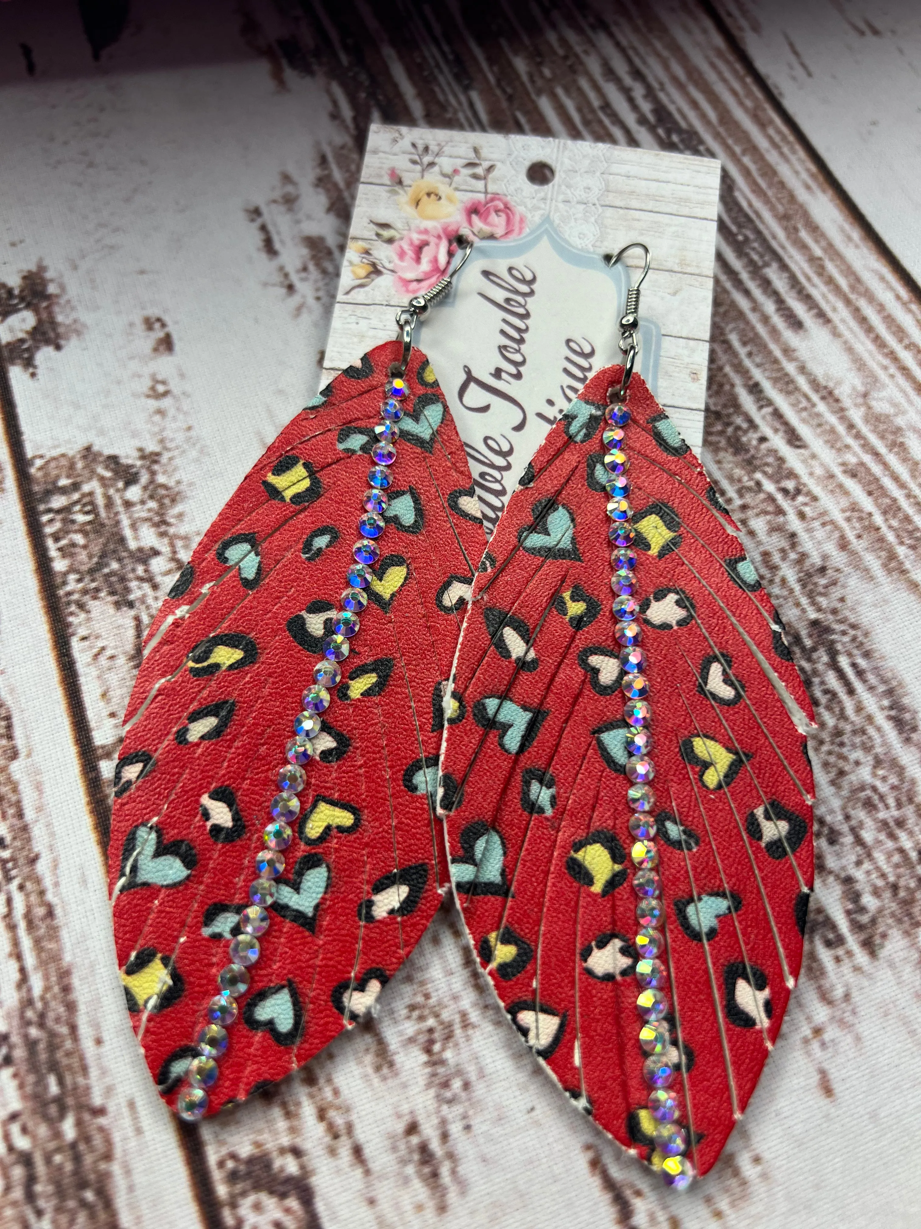 Rhinestone Feather Red Hearts Earrings