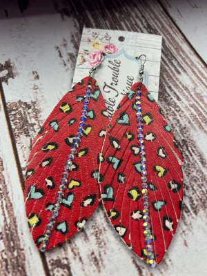 Rhinestone Feather Red Hearts Earrings