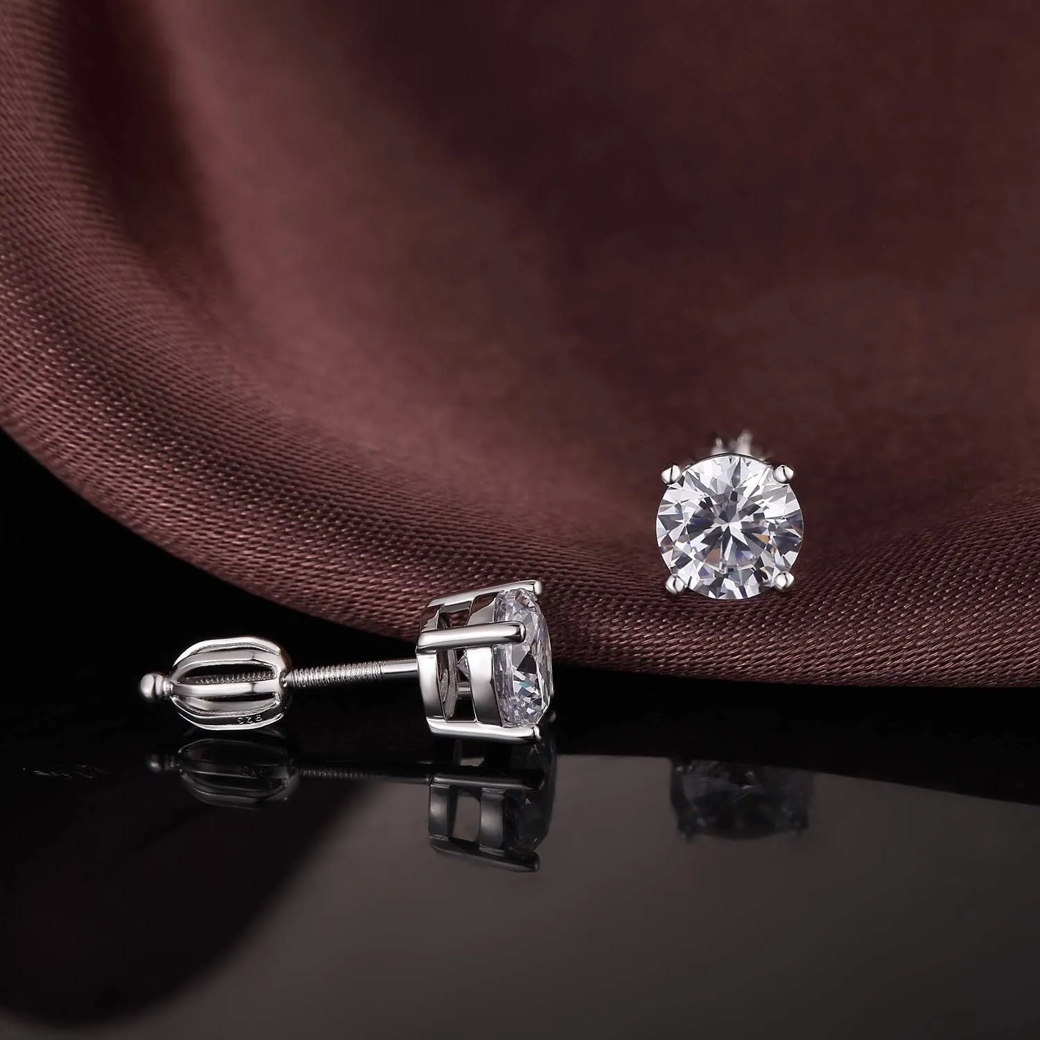 Rhodium Plated Sparkling CZ Diamond Stud Earrings 925 Sterling Silver Round Cut and Princess Cut 5A  Cubic Zirconia Stud Earrings | Screw Back CZ Stud Earrings Hypoallergenic Earrings