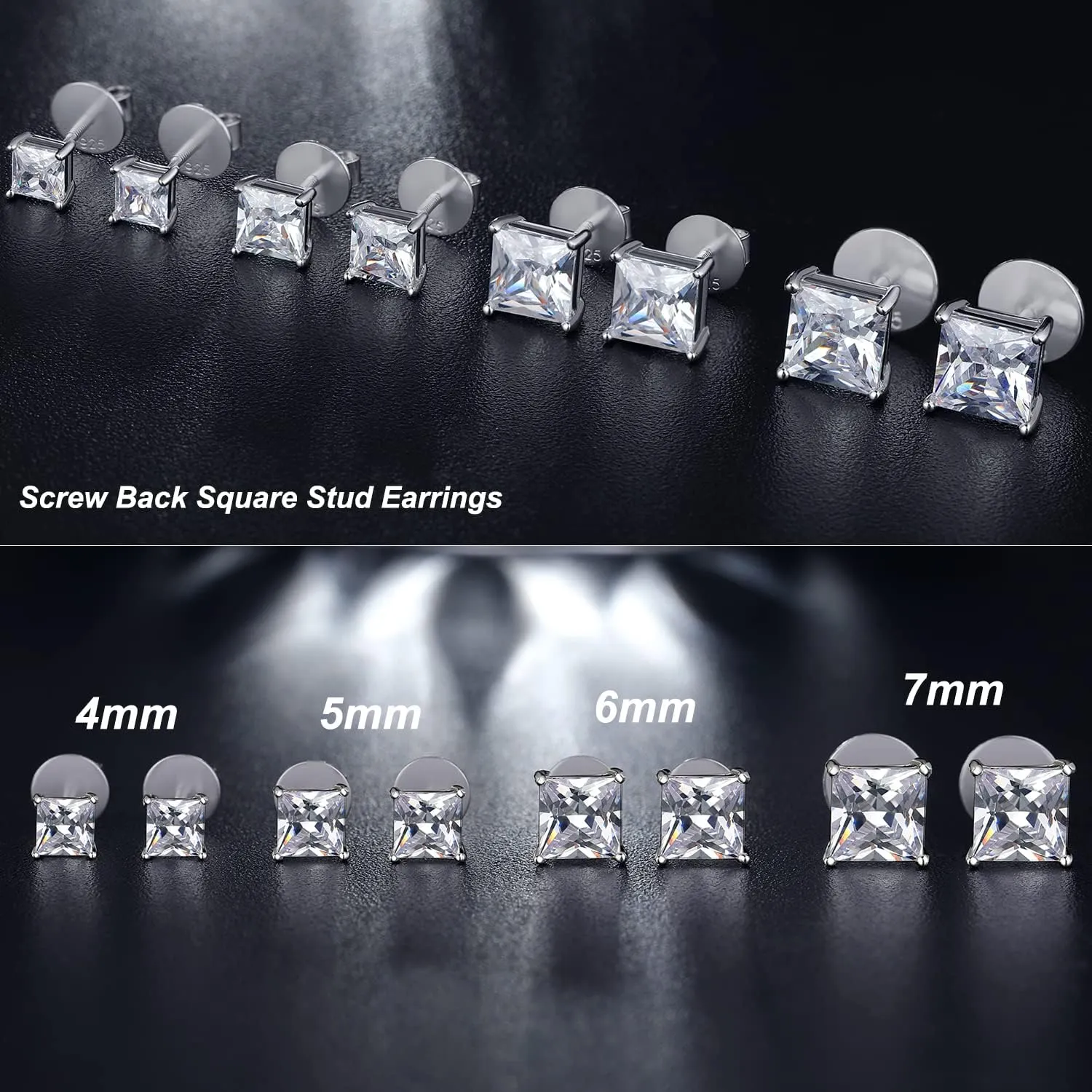 Rhodium Plated Sparkling CZ Diamond Stud Earrings 925 Sterling Silver Round Cut and Princess Cut 5A  Cubic Zirconia Stud Earrings | Screw Back CZ Stud Earrings Hypoallergenic Earrings