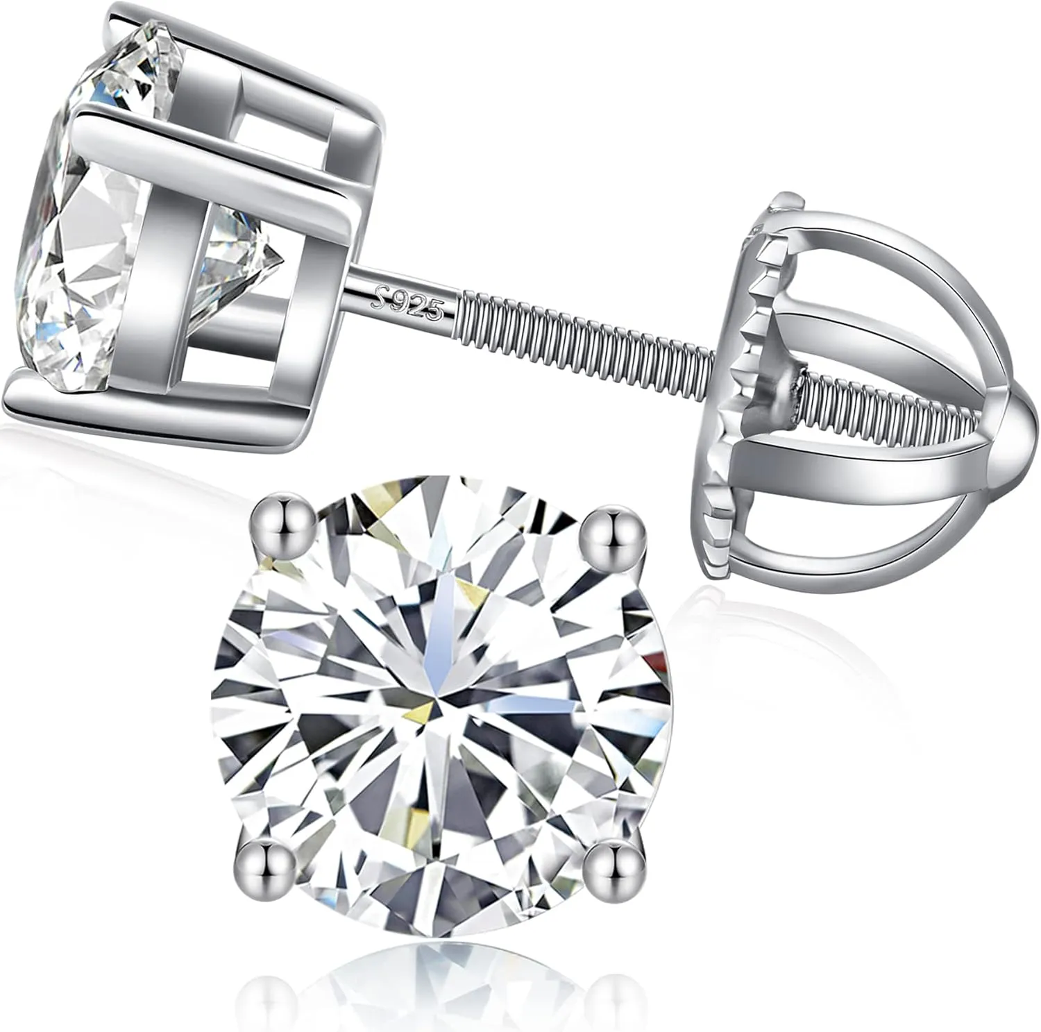 Rhodium Plated Sparkling CZ Diamond Stud Earrings 925 Sterling Silver Round Cut and Princess Cut 5A  Cubic Zirconia Stud Earrings | Screw Back CZ Stud Earrings Hypoallergenic Earrings