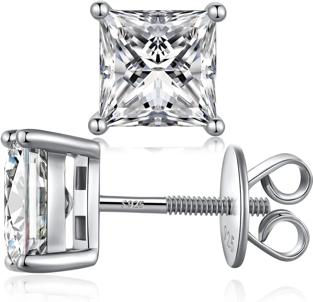 Rhodium Plated Sparkling CZ Diamond Stud Earrings 925 Sterling Silver Round Cut and Princess Cut 5A  Cubic Zirconia Stud Earrings | Screw Back CZ Stud Earrings Hypoallergenic Earrings