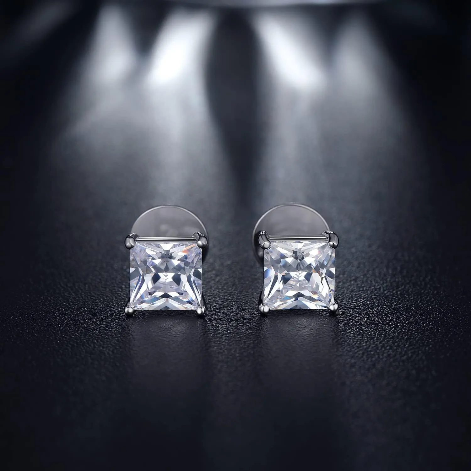 Rhodium Plated Sparkling CZ Diamond Stud Earrings 925 Sterling Silver Round Cut and Princess Cut 5A  Cubic Zirconia Stud Earrings | Screw Back CZ Stud Earrings Hypoallergenic Earrings