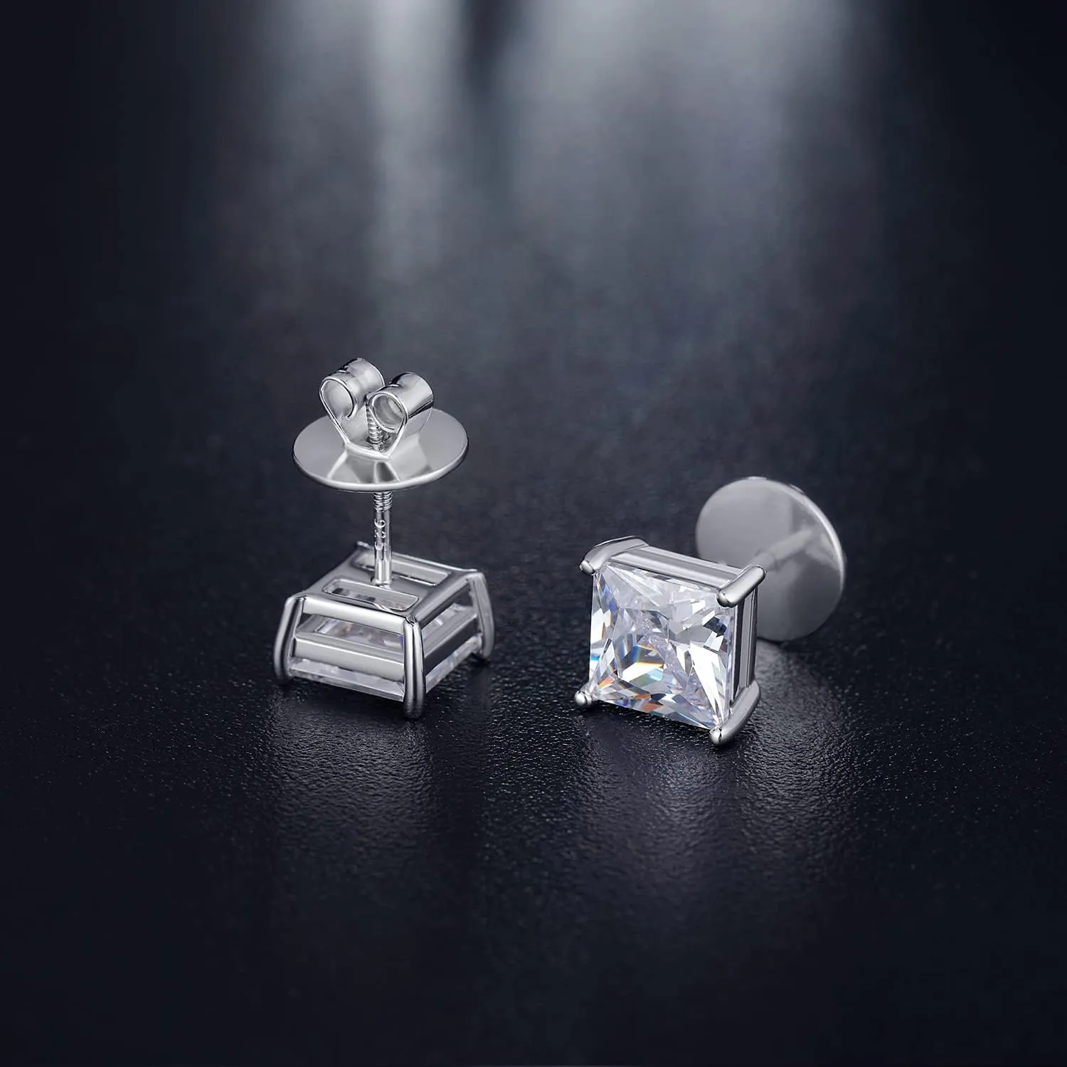 Rhodium Plated Sparkling CZ Diamond Stud Earrings 925 Sterling Silver Round Cut and Princess Cut 5A  Cubic Zirconia Stud Earrings | Screw Back CZ Stud Earrings Hypoallergenic Earrings