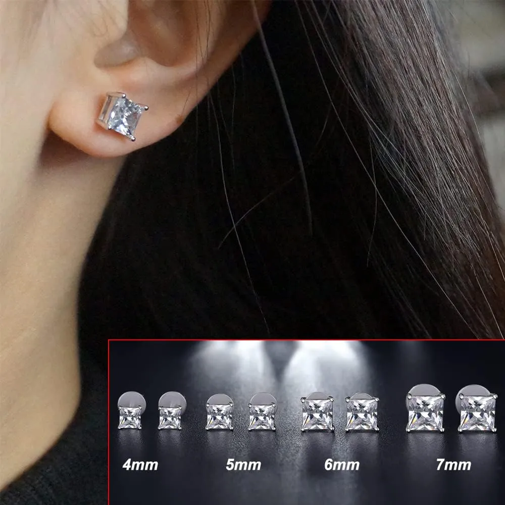 Rhodium Plated Sparkling CZ Diamond Stud Earrings 925 Sterling Silver Round Cut and Princess Cut 5A  Cubic Zirconia Stud Earrings | Screw Back CZ Stud Earrings Hypoallergenic Earrings
