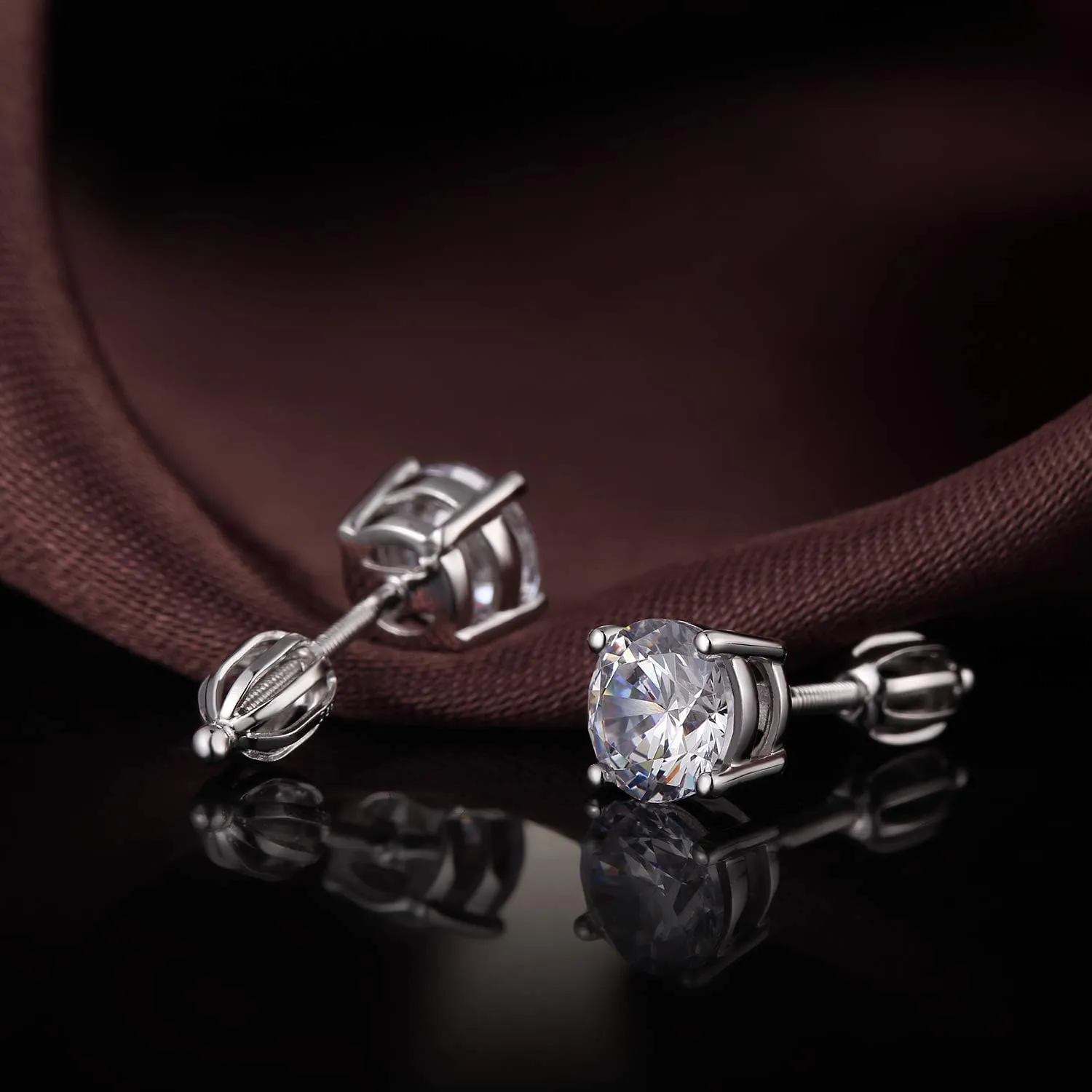Rhodium Plated Sparkling CZ Diamond Stud Earrings 925 Sterling Silver Round Cut and Princess Cut 5A  Cubic Zirconia Stud Earrings | Screw Back CZ Stud Earrings Hypoallergenic Earrings