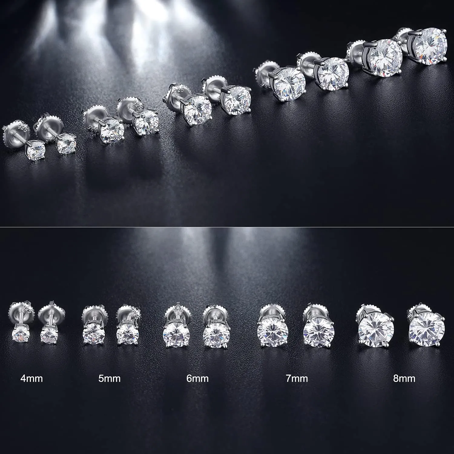 Rhodium Plated Sparkling CZ Diamond Stud Earrings 925 Sterling Silver Round Cut and Princess Cut 5A  Cubic Zirconia Stud Earrings | Screw Back CZ Stud Earrings Hypoallergenic Earrings