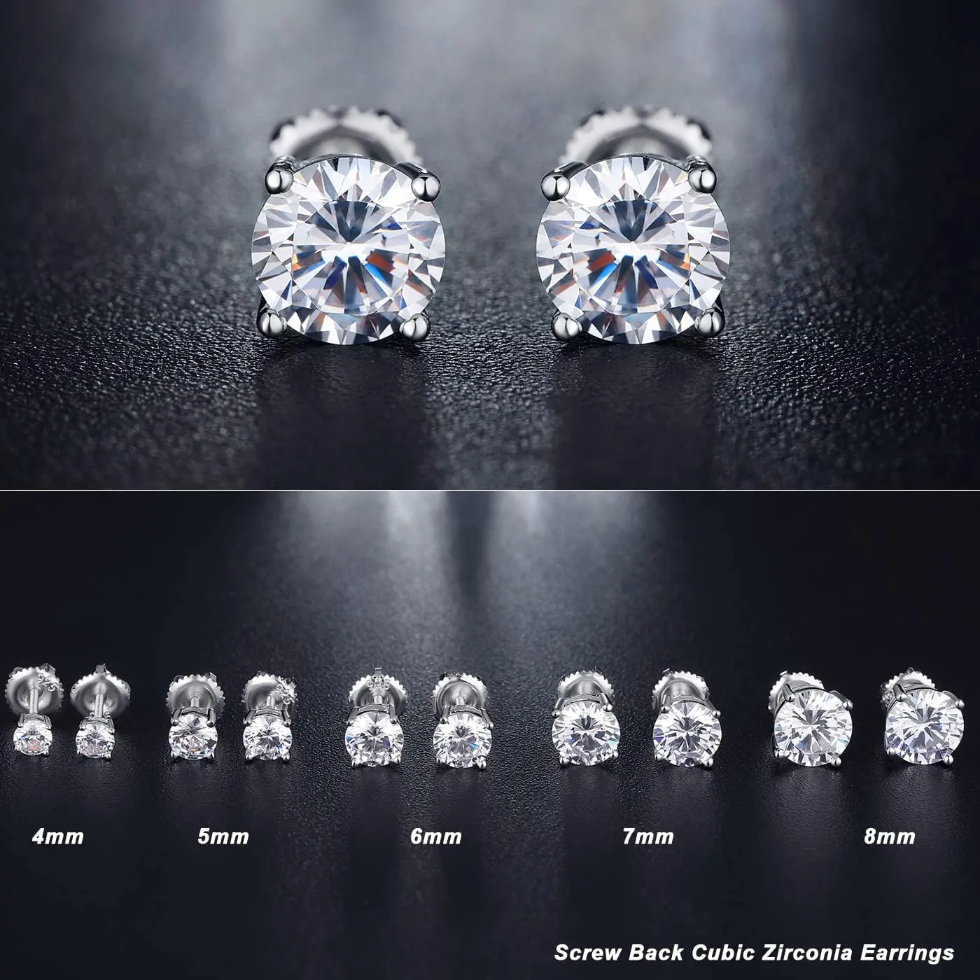 Rhodium Plated Sparkling CZ Diamond Stud Earrings 925 Sterling Silver Round Cut and Princess Cut 5A  Cubic Zirconia Stud Earrings | Screw Back CZ Stud Earrings Hypoallergenic Earrings