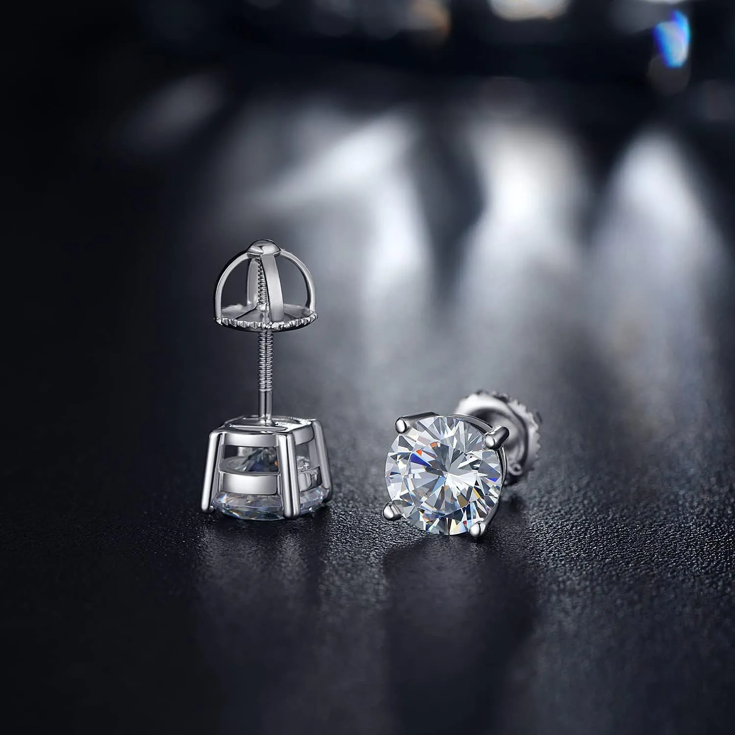 Rhodium Plated Sparkling CZ Diamond Stud Earrings 925 Sterling Silver Round Cut and Princess Cut 5A  Cubic Zirconia Stud Earrings | Screw Back CZ Stud Earrings Hypoallergenic Earrings