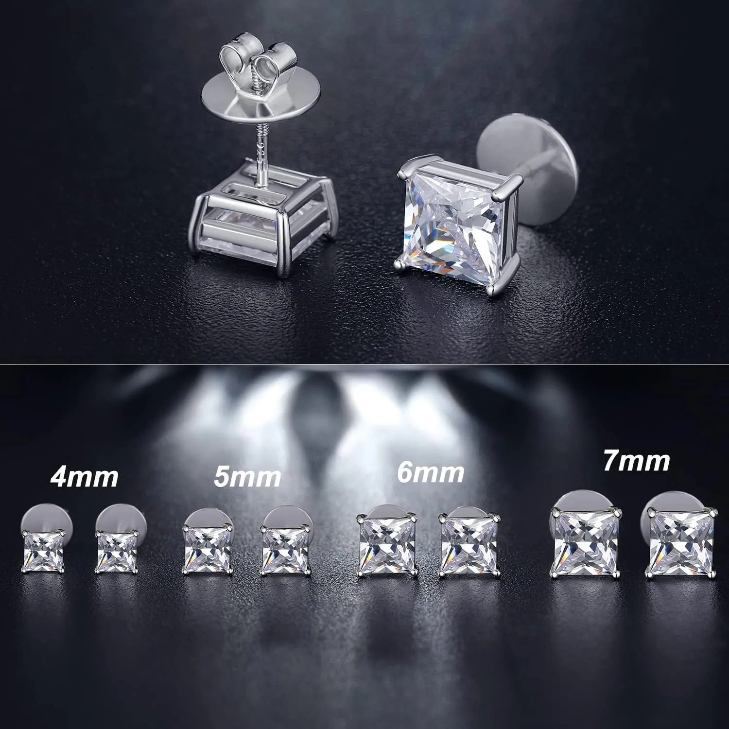 Rhodium Plated Sparkling CZ Diamond Stud Earrings 925 Sterling Silver Round Cut and Princess Cut 5A  Cubic Zirconia Stud Earrings | Screw Back CZ Stud Earrings Hypoallergenic Earrings