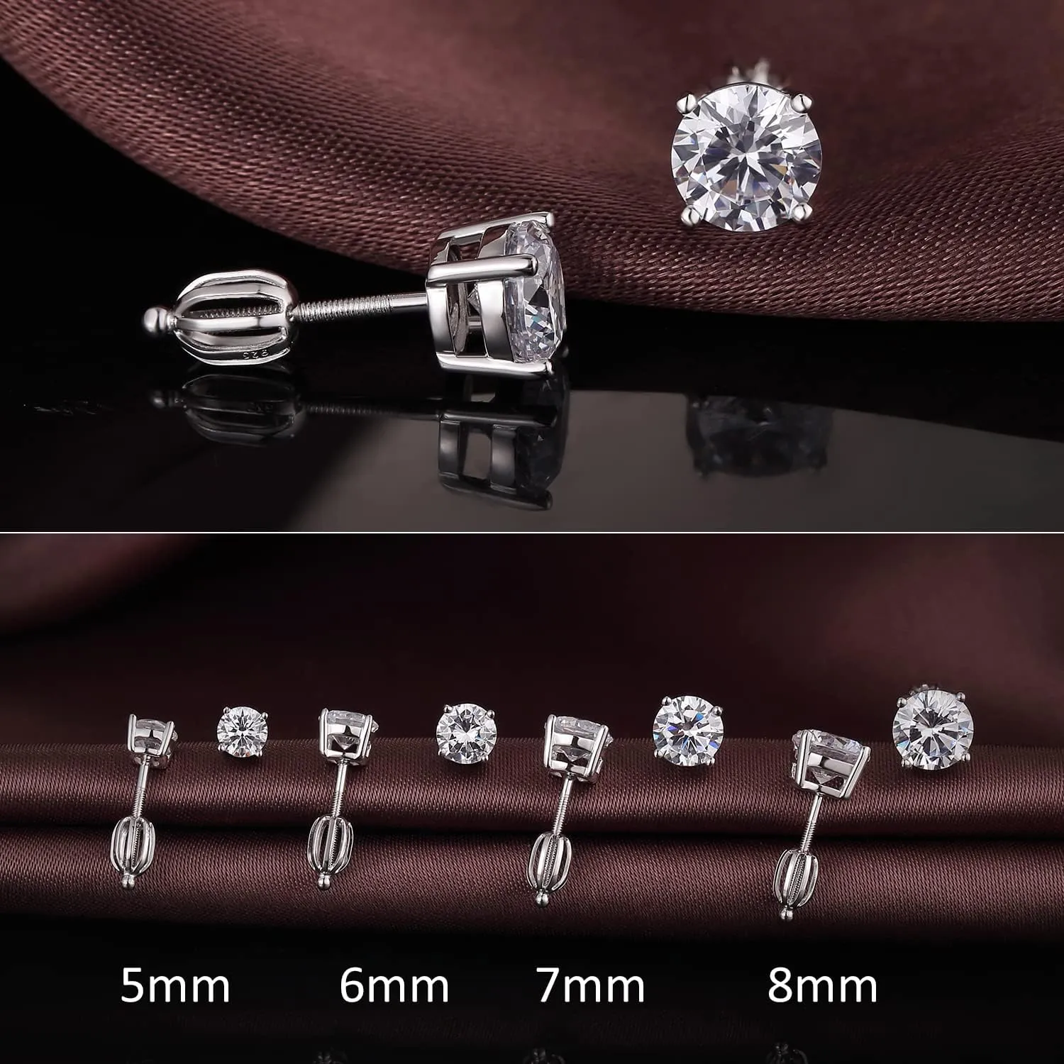 Rhodium Plated Sparkling CZ Diamond Stud Earrings 925 Sterling Silver Round Cut and Princess Cut 5A  Cubic Zirconia Stud Earrings | Screw Back CZ Stud Earrings Hypoallergenic Earrings