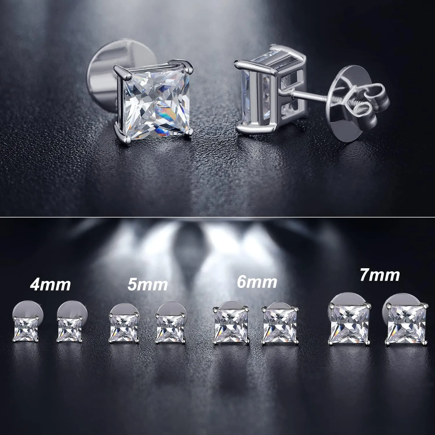 Rhodium Plated Sparkling CZ Diamond Stud Earrings 925 Sterling Silver Round Cut and Princess Cut 5A  Cubic Zirconia Stud Earrings | Screw Back CZ Stud Earrings Hypoallergenic Earrings