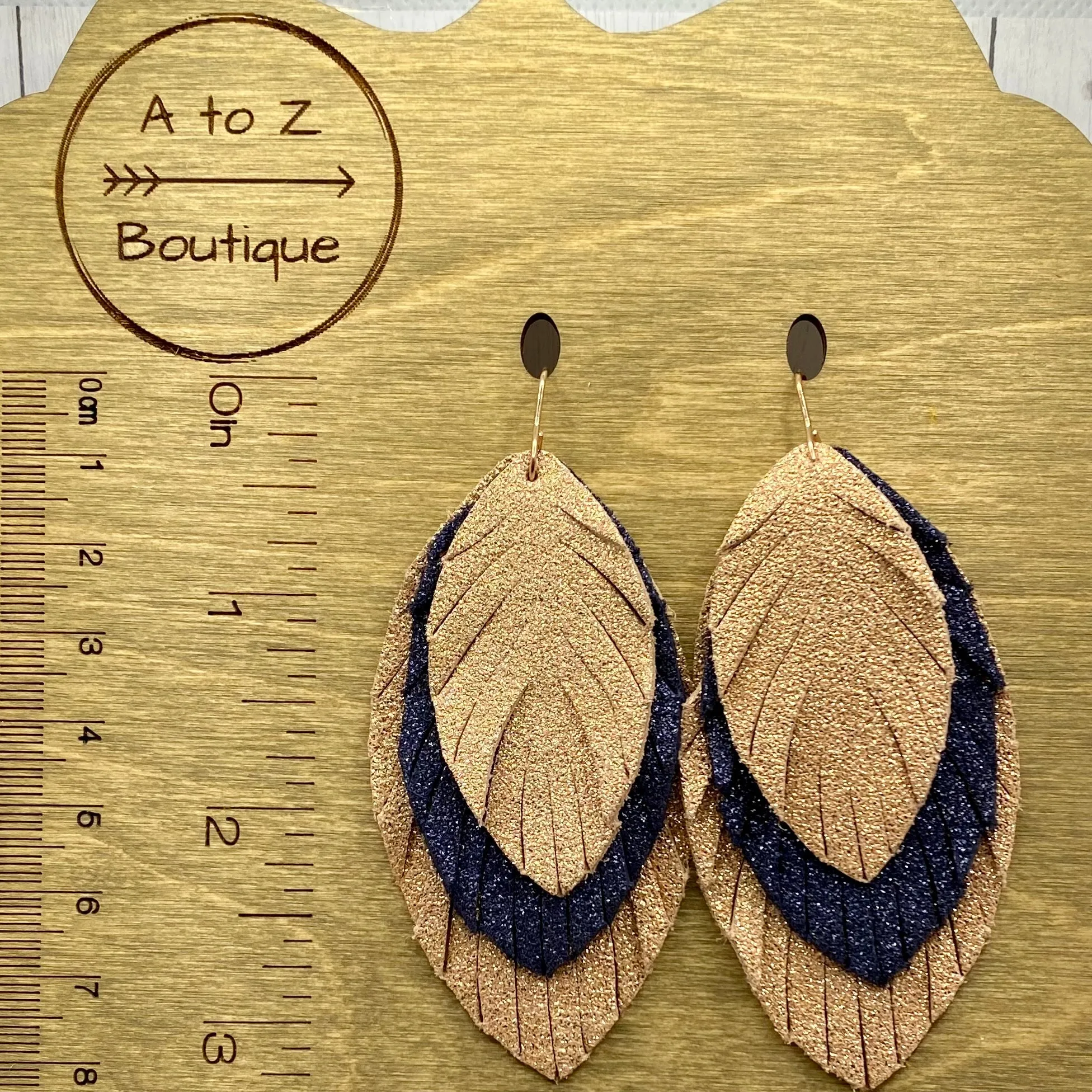 Rose Gold and Navy Large Leather Feather Earrings