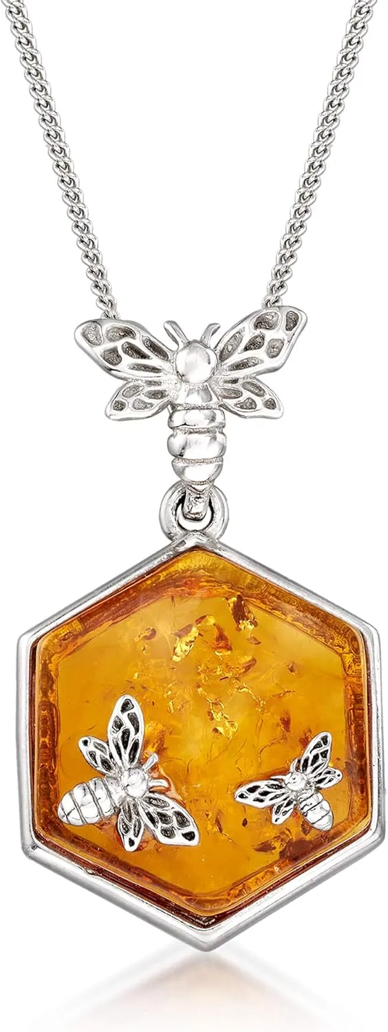Ross-Simons Amber Honeycomb and Bumblebee Pendant Necklace in Sterling Silver. 18 inches
