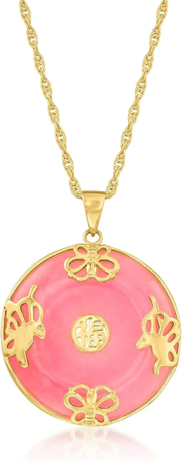 Ross-Simons Pink Jade Good Fortune Butterfly Pendant Necklace in 18kt Gold Over Sterling. 18 inches