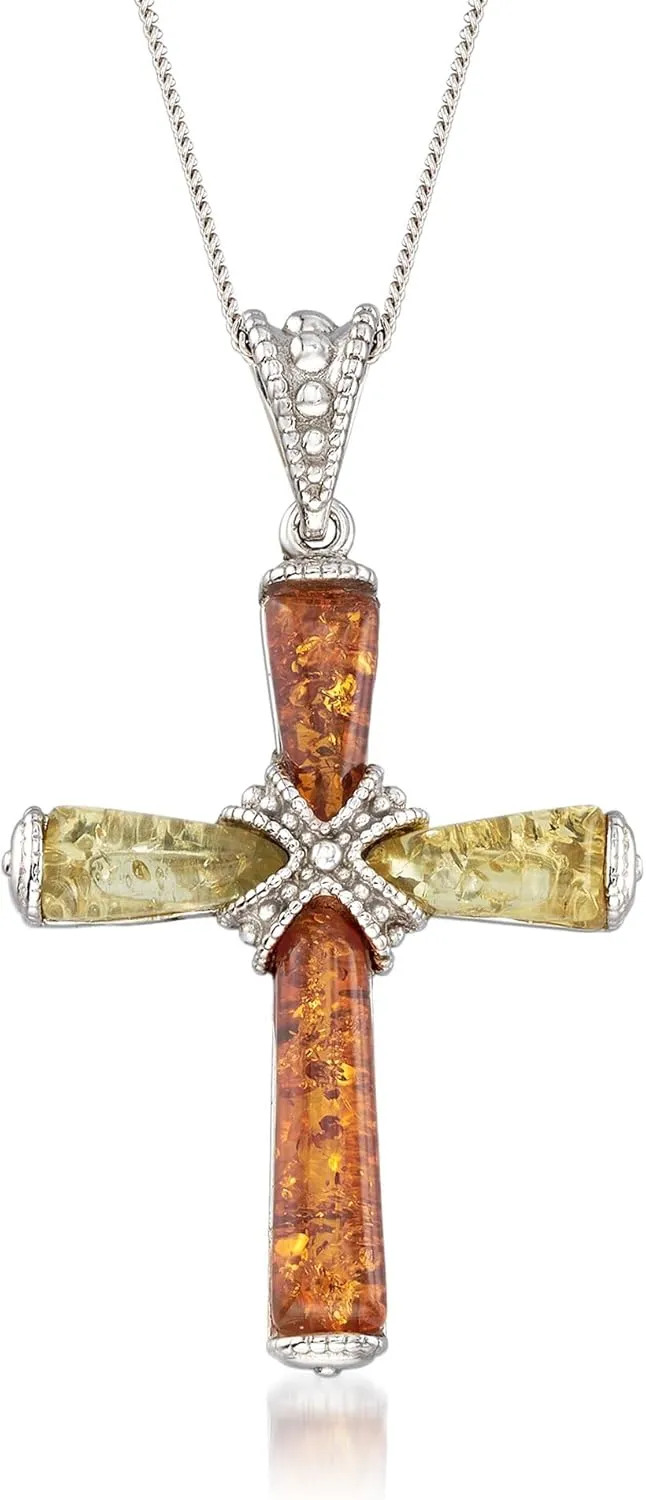 Ross-Simons Two-Tone Amber Cross Pendant Necklace in Sterling Silver