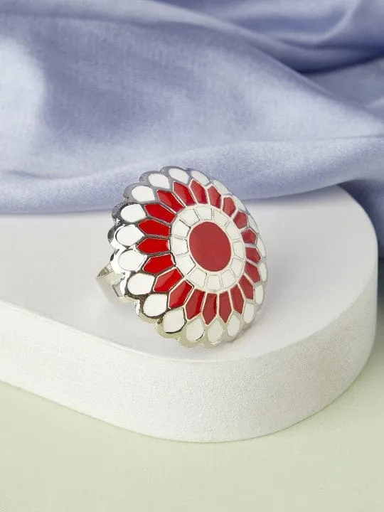 Rubans Silver-Plated Red & White Enamelled Handcrafted Adjustable Finger Ring
