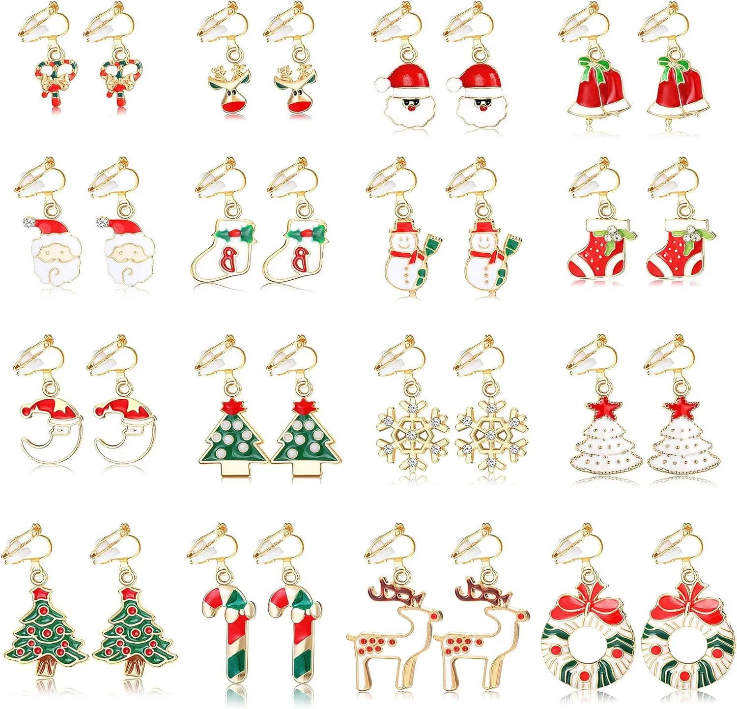 SAILIMUE 16 Pairs Christmas Clip On Earrings for Women Xmas Tree Bell Santa Elk Snowflake No Piercing Clip-On Christmas Dangle Drop Earrings