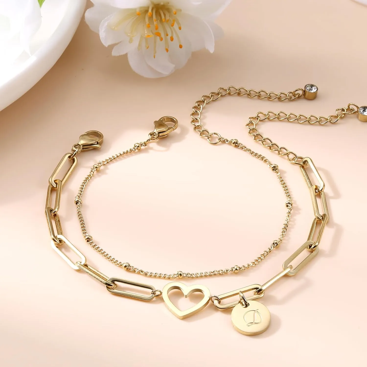 Sanfenly Initial Bracelets For Women, 14K Gold Plated Stainless Steel Personalized Engraved A-Z Letter Bracelet Layered Heart Monogram Name Coin Disc Charm Stackable Stack Stacked Stacking Bracelet Set