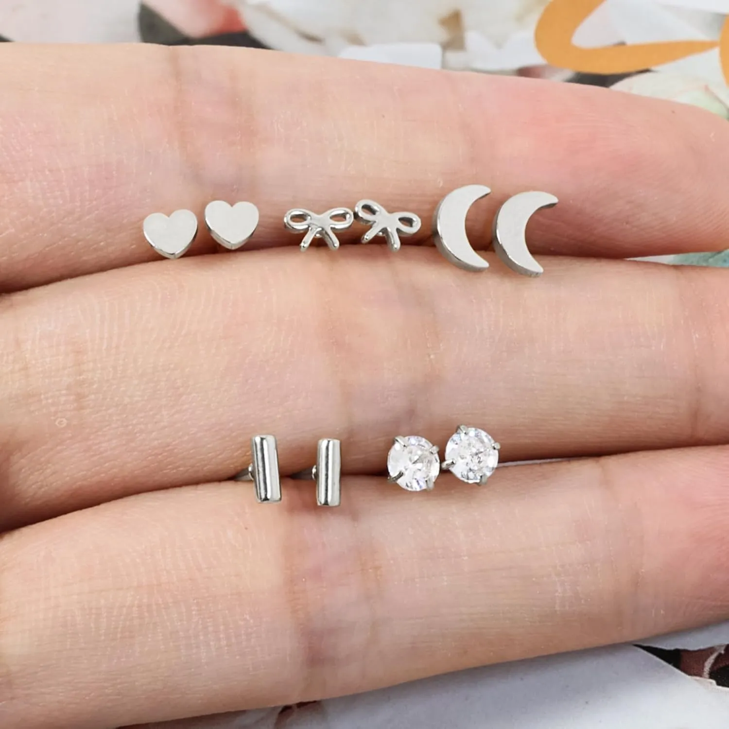 Screw Back Earrings for Women, Silver Flat Back Stud Earrings Hypoallergenic Surgical Steel Small CZ Stud Heart Bar Bow Cartilage Earring Sets for Tragus Helix Multiple Piercing